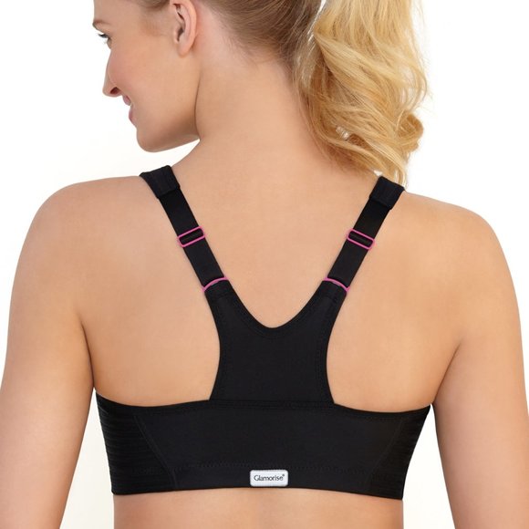 Glamorise SPORT Bra 44B (HIGH-IMPACT) Wicks! (RACERBACK) T-Back Zip-Up Black NEW - Picture 8 of 16